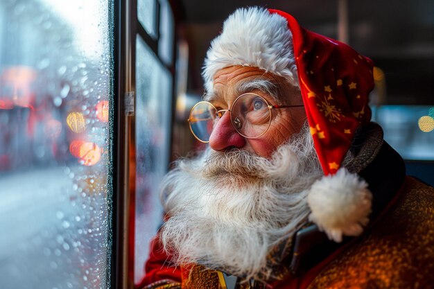 Zbliżenie Świętego Mikołaja czekającego na autobus