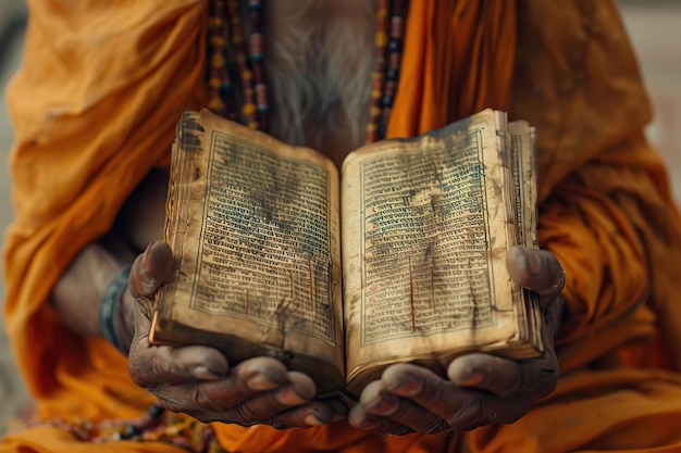 Zbliżenie świętego tekstu w rękach mnicha brahmana