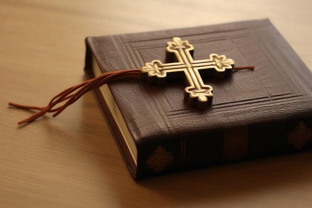Zbliżenie świętej Biblii i chrześcijańskiego krzyża na drewnianym stole Szczęśliwy Wielki Piątek lub koncepcja religii