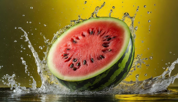 Zbliżenie świeżego arbuza w powietrzu z rozpryskami wody Słodkie zdrowe jedzenie Owocy ekologiczne