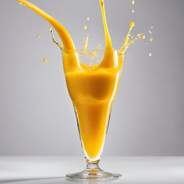 Zdjęcie zbliżenie świeżego soku z mango wlewanego do szkła na białym tle