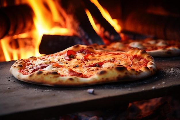 Zbliżenie świeżo upieczonej pizzy w tradycyjnym piecu opalanym drewnem Generative AI