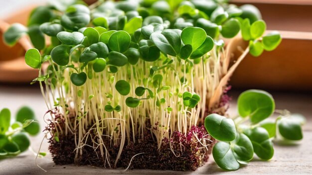 Zdjęcie zbliżenie świeżych mikro warzyw koncepcja wegańska i zdrowego odżywiania