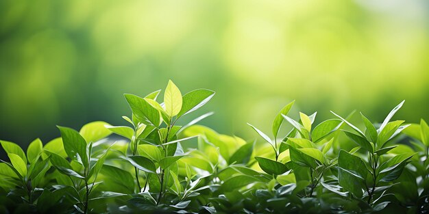 Zbliżenie świeżych zielonych liści z tłem bokeh w ogrodzie