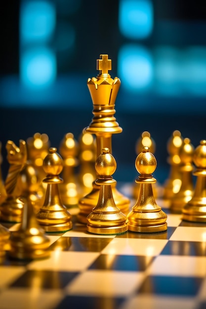 Zbliżenie szachownicy z złotym królem na szczycie Generatywna sztuczna inteligencja