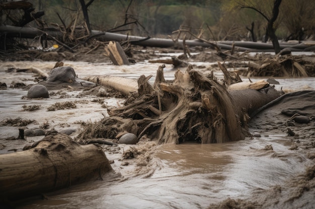 Zdjęcie zbliżenie szalejącej gwałtownej powodzi z gruzem i kłodami unoszącymi się obok