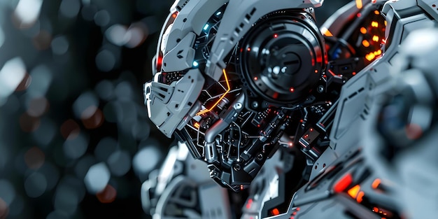 Zbliżenie szczegółowego modelu 3D robota lub cyberpancerza z sprzętem górniczym i płytami głównymi Koncepcja modelowania 3D Robotics Cyber Armor Mining Equipment Motherboards