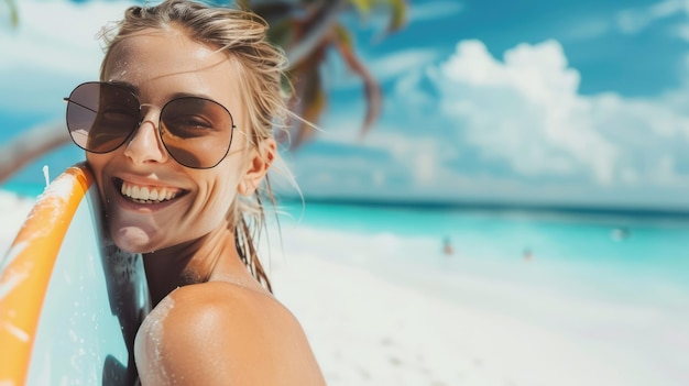 Zbliżenie szczęśliwej kobiety stojącej z deską do surfowania na plaży