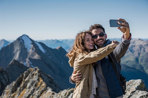 Zbliżenie szczęśliwej pary robiącej selfie smartfonem na szczycie góry