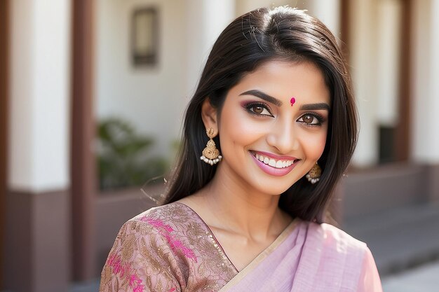 Zdjęcie zbliżenie szczęśliwej, pięknej indyjskiej bizneswoman.