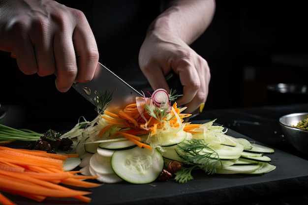 Zbliżenie szefów kuchni przecinających warzywa do galwanizacji, utworzone za pomocą generatywnej sztucznej inteligencji