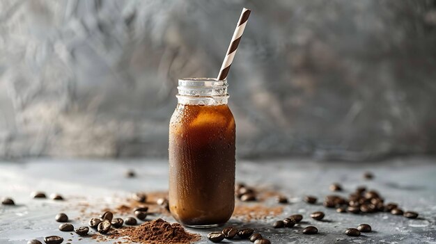 Zbliżenie szklanej butelki kawy lodowej na stole Butelka jest otoczona ziarnami kawy i stosem kawy.