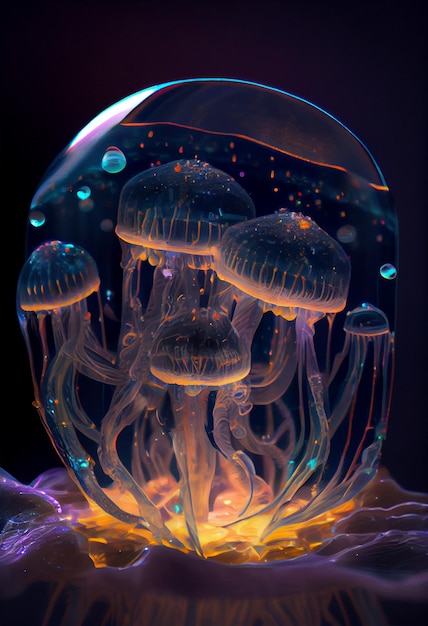 Zbliżenie szklanej rzeźby meduzy i generatywnej meduzy ai