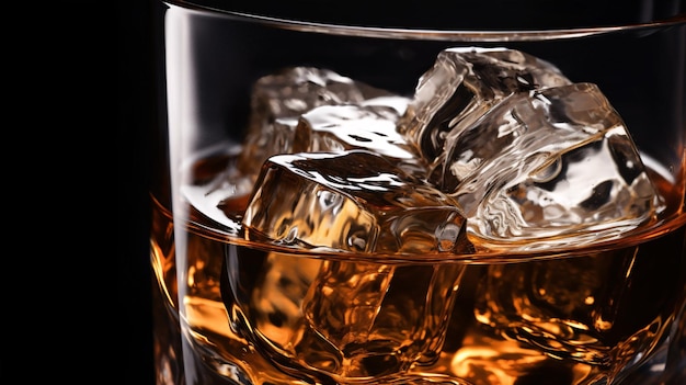 Zbliżenie szklanki wypełnionej schłodzoną whisky i lodem