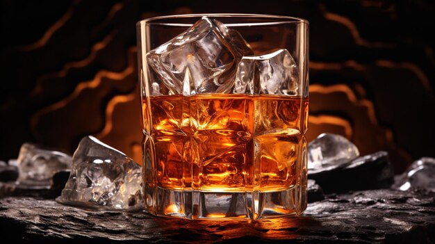 Zbliżenie szklanki z lodami wypełnionej kostkami lodu i whisky