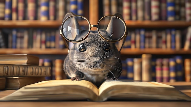Zdjęcie zbliżenie szynchilli noszącej okulary z rogami siedzącej na książce w bibliotece