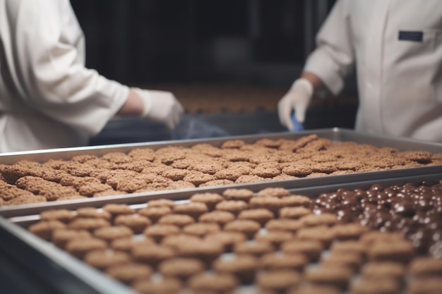 Zbliżenie tacy pełnej świeżo upieczonych ciasteczek w fabryce żywności