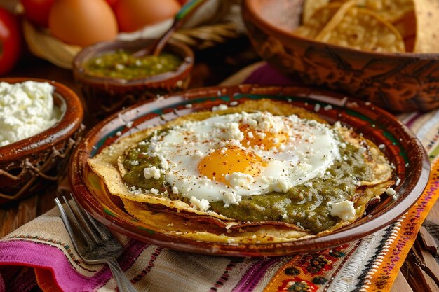 Zbliżenie talerza meksykańskich chilaquiles z jajkami i salsa verde