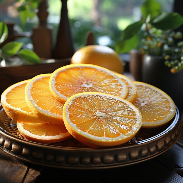 Zdjęcie zbliżenie talerza naciętej soczystej pomarańczowej generatywnej ai