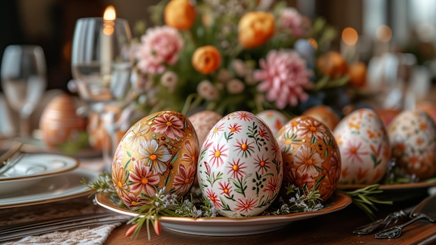Zbliżenie talerza ręcznie ozdobionych jaj