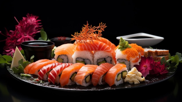 zbliżenie talerza sushi z sosem i kwiatami generatywnymi ai