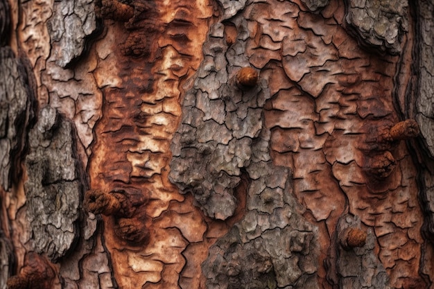 Zbliżenie tekstury kory drzewa zamieszkanego chrząszczami stworzonej za pomocą generatywnej AI
