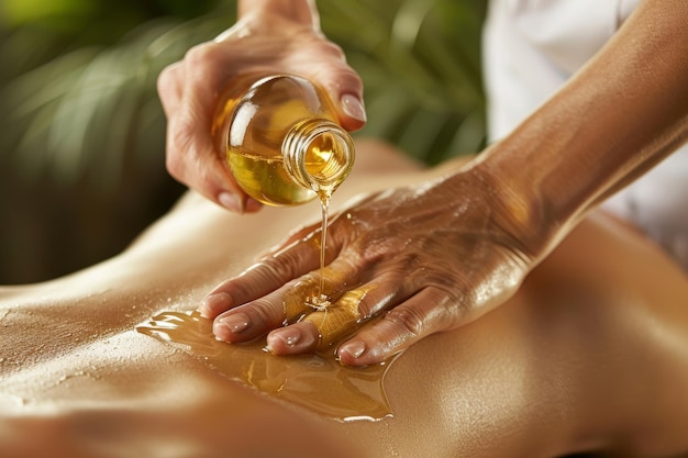 Zdjęcie zbliżenie terapeutki nakładającej olej masażowy na klientów techniki terapii pleców i leczenia zdrowia