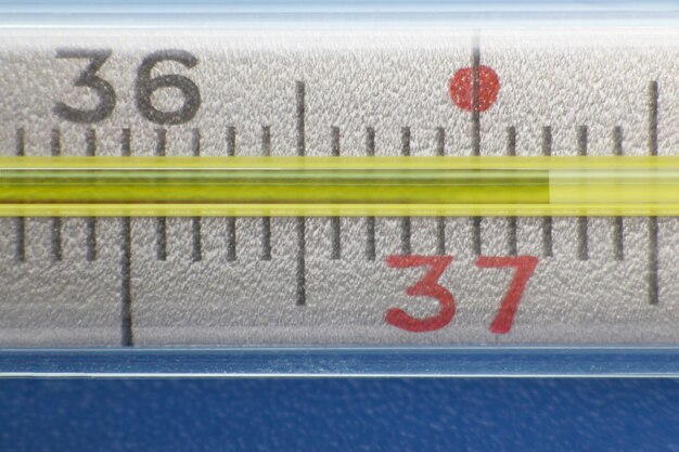 Zbliżenie termometru medycznego na niebieskiej powierzchni