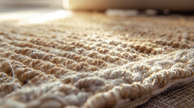 Zbliżenie tkanego dywanu kąpanego w ciepłym świetle słonecznym, podkreślające skomplikowane tekstury i rzemiosło