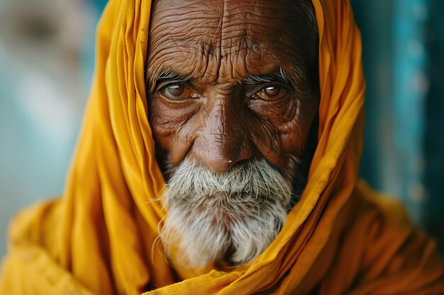 Zbliżenie tradycyjnego indyjskiego mnicha w żółtym stroju