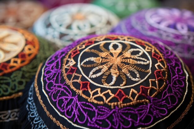 Zdjęcie zbliżenie tradycyjnej jarmułki w różnych kolorach