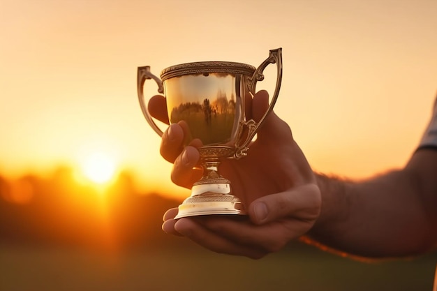 Zbliżenie trofeum w rękach mężczyzny o zachodzie słońca