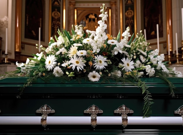 Zbliżenie trumny pogrzebowej lub trumny w karawanu, kaplicy lub pochówku na cmentarzu