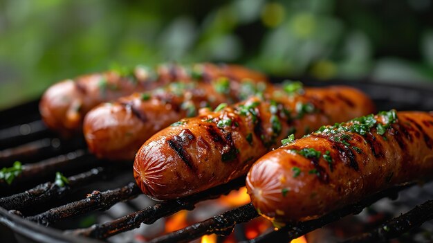 Zbliżenie trzech hot dogów pieczonych na grillu z dymem i dużą przestrzenią do kopiowania Generacyjna sztuczna inteligencja