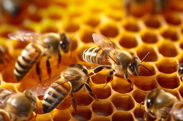 Zbliżenie trzech pszczół na plastrze miodu Pojęcie pszczelarstwa