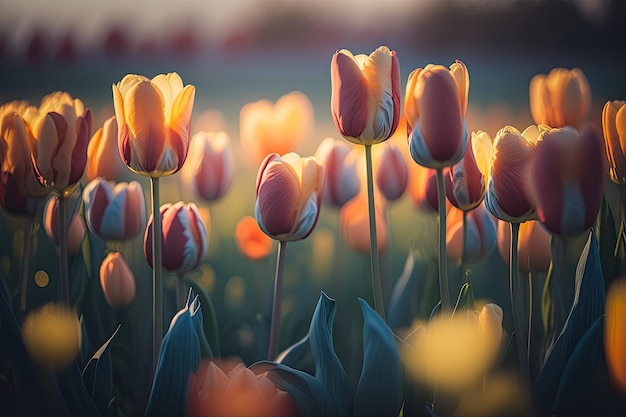 Zbliżenie tulipanów na łące kwiatowej o zmierzchu
