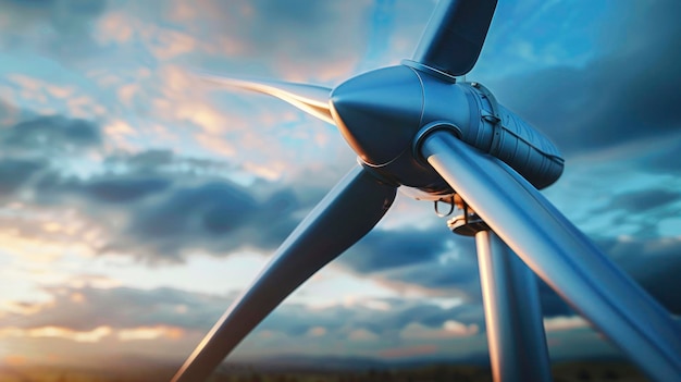Zbliżenie turbiny wiatrowej symbolizującej ekologicznie zrównoważoną koncepcję energetyczną