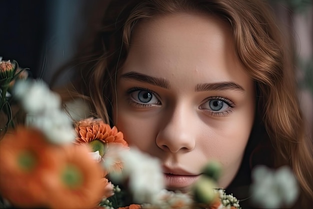 Zbliżenie twarzy dziewczyny z bukietem świeżych kwiatów utworzone za pomocą generatywnej ai