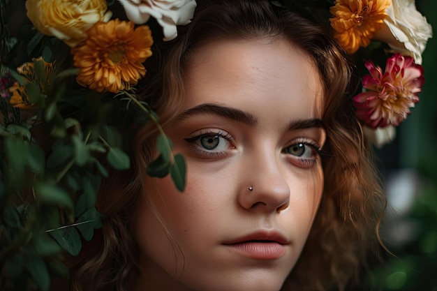Zbliżenie twarzy dziewczyny z otaczającymi ją kwiatami i zielenią stworzone za pomocą generatywnej sztucznej inteligencji