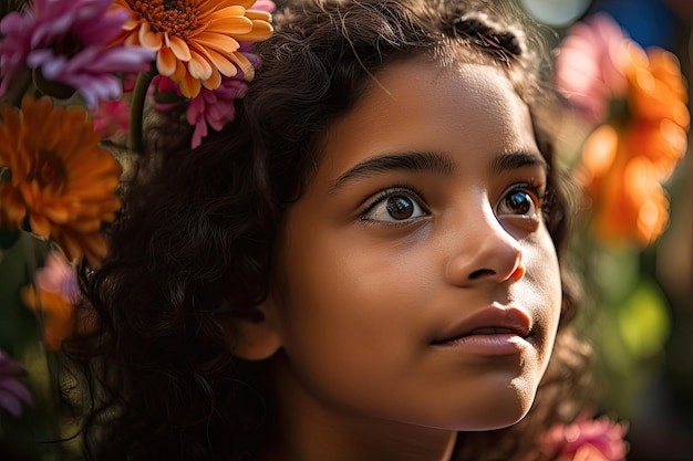 Zbliżenie twarzy dziewczyny z żywymi kwitnącymi kwiatami w tle