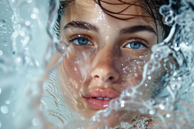 Zdjęcie zbliżenie twarzy kobiety pod wodą