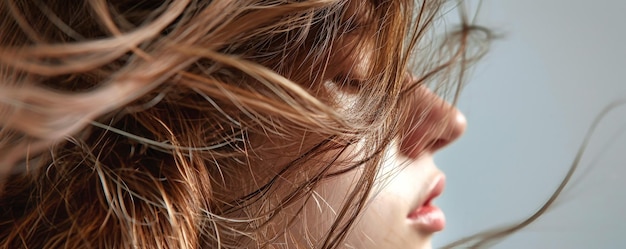 Zbliżenie twarzy kobiety z włosami dmuchanymi przez wiatr pokazujące pielęgnację i styl włosów