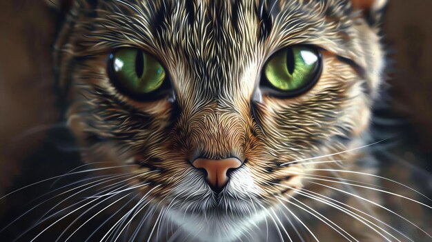 Zbliżenie twarzy kota Kot ma zielone oczy i różowy nos Jego futro jest brązowe i czarne Kot patrzy na kamerę