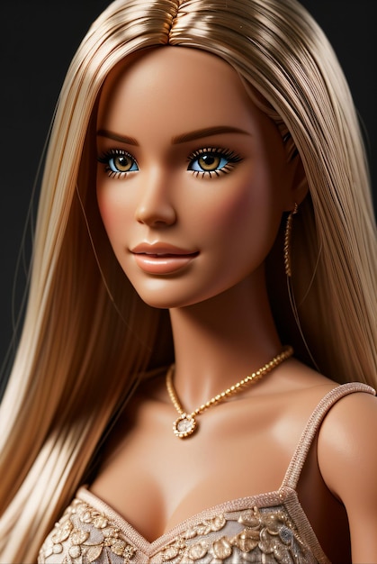 zbliżenie twarzy lalki Barbie w realistycznym stylu w białej sukience z stałym tłem