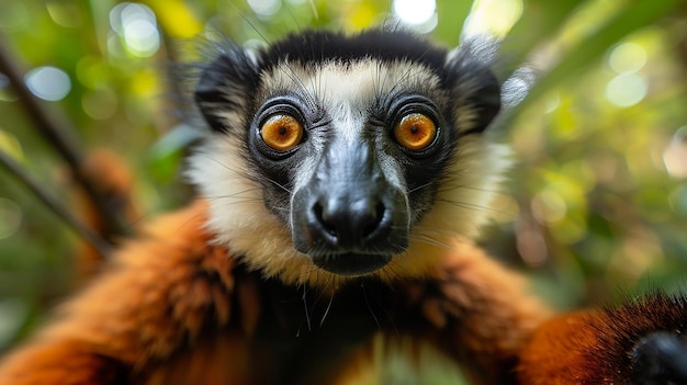 zbliżenie twarzy małpy z czarnymi i pomarańczowymi oczami