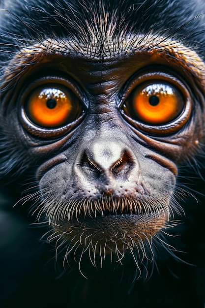 Zdjęcie zbliżenie twarzy małpy z pomarańczowymi oczami