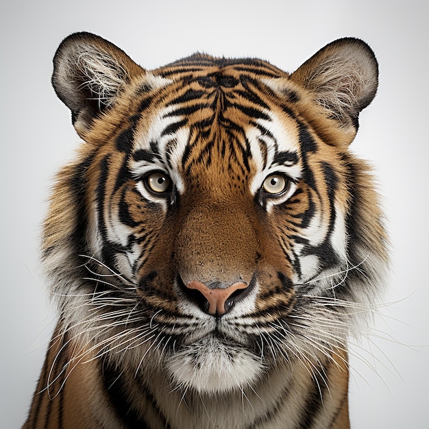 Zbliżenie twarzy tygrysa na białym tle, przedstawiające jego dziką i urzekającą siłę