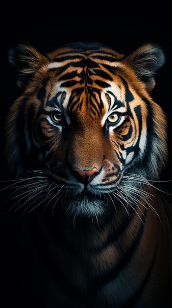 zbliżenie twarzy tygrysa na czarnym tle