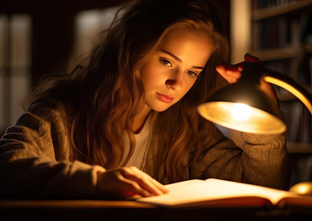 Zbliżenie twarzy ucznia oświetlonego miękkim blaskiem lampy biurowej podczas czytania