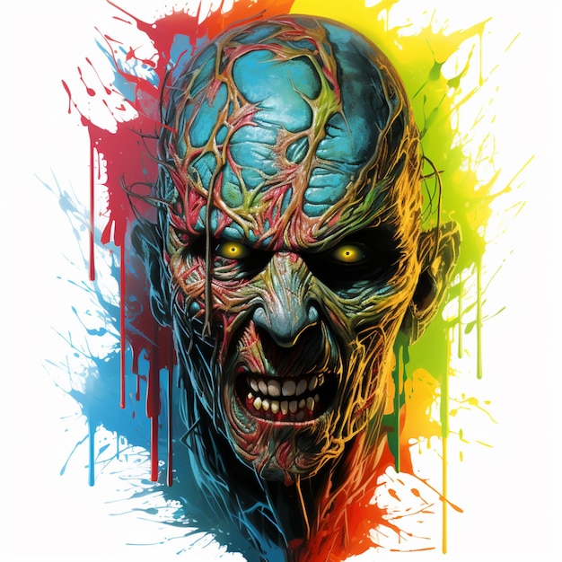 zbliżenie twarzy zombie na kolorowym tle. Generativ AI